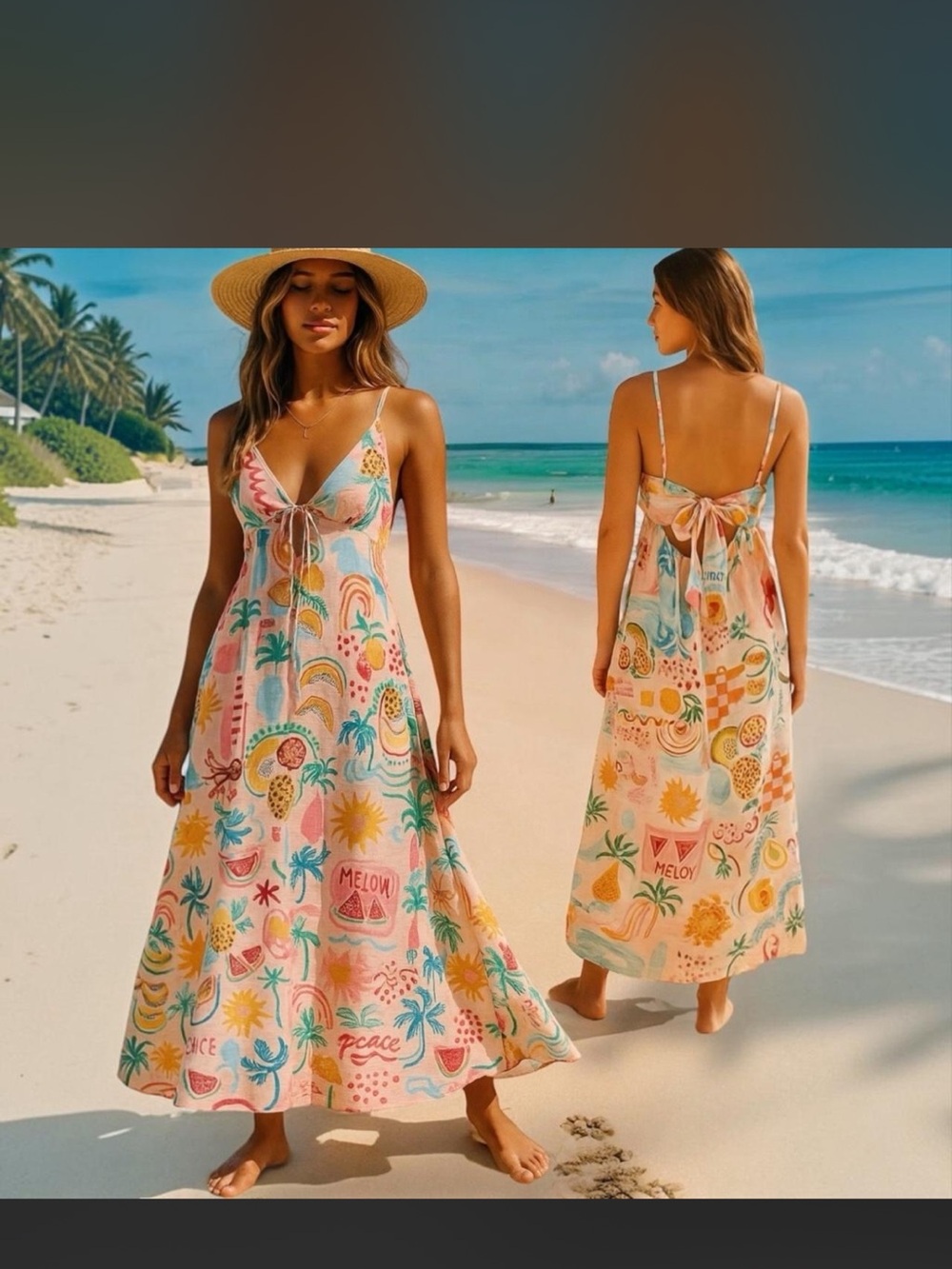Tropical Print Pink Paper Heart Linen Maxi Sundress with Tie-Back